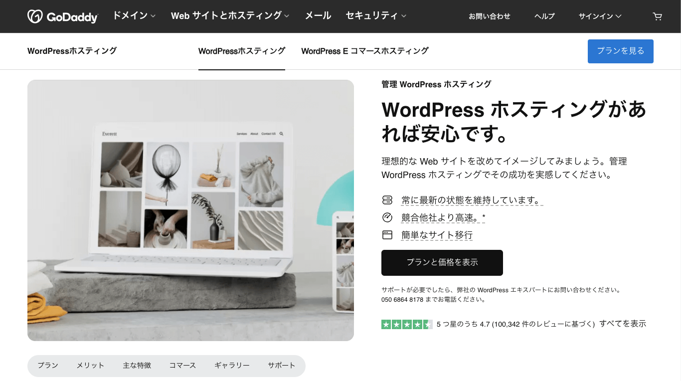 WordPressホスティングサービス godaddy公式サイト画像）